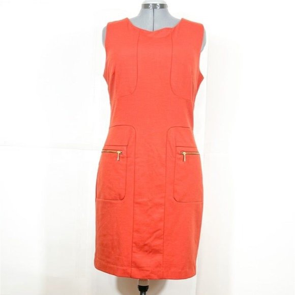Sharagano NWOT Sz14 Patch Pockets Lined Gold Zipper Sleeveless Sheath Dress - Picture 2 of 5